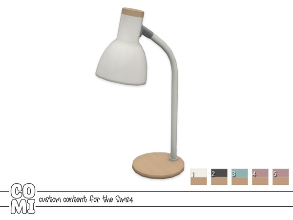 Sims 4 — Comiko Office Lamp by Comiko — Office set composed of desk, chair, lamp, notebooks, pen holder, board, and rug.