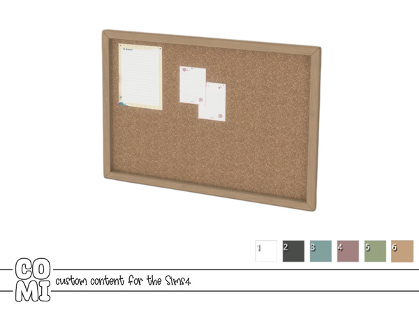 Sims 4 — Comiko Postcard Corkboard by Comiko — Office set composed of desk, chair, lamp, notebooks, pen holder, board,