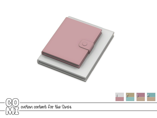 Sims 4 — Comiko Office Notebook by Comiko — Office set composed of desk, chair, lamp, notebooks, pen holder, board, and