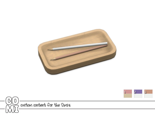 Sims 4 — Comiko Pen Holder by Comiko — Office set composed of desk, chair, lamp, notebooks, pen holder, board, and rug.