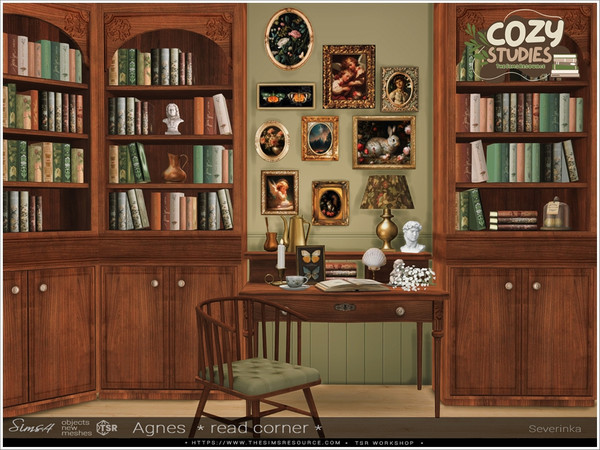 Sims 4 — Agnes read corner by Severinka_ — A set of furniture and decor for a read corner in style Light Academia.