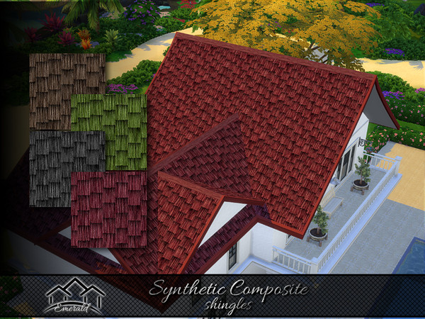 Sims 4 — Synthetic Composite Shingles by Emerald — Is a lightweight, long lasting roof and has almost zero maintenance.