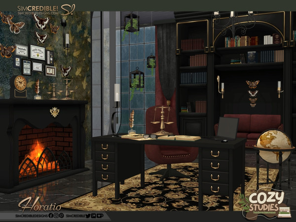 Sims 4 — Horatio Desk by SIMcredible! — Bringing to your sims a dark academia themed study area - the Horatio Collection.