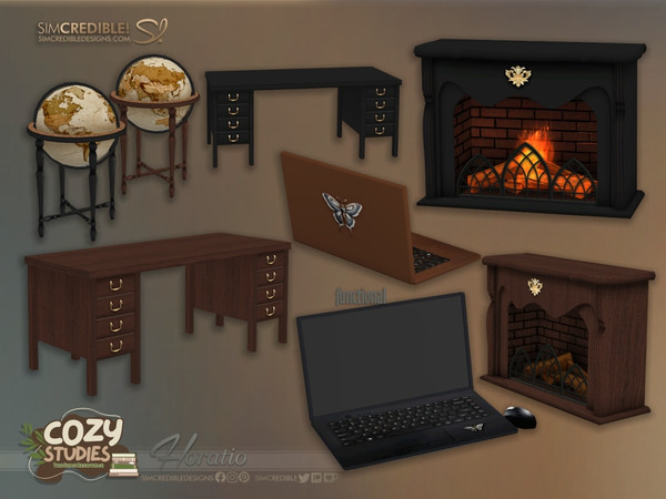 Sims 4 — Horatio Laptop - requires UNIVERSITY by SIMcredible! — Bringing to your sims a dark academia themed study area -
