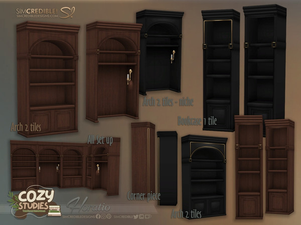 Sims 4 — Horatio Bookshelf by SIMcredible! — Bringing to your sims a dark academia themed study area - the Horatio