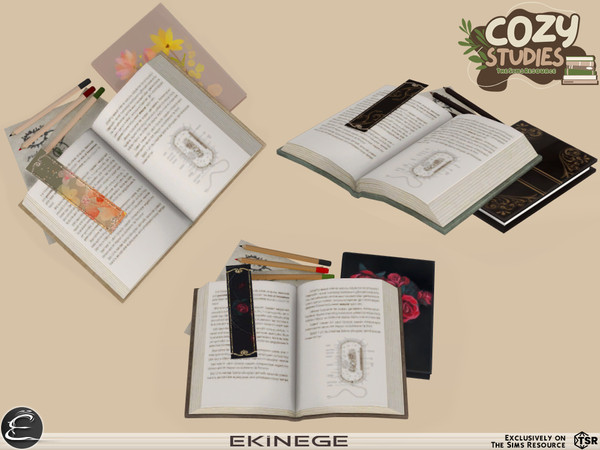Sims 4 — Cozy Studies - Study Room - Open Book by ekinege — This set features 7 new items. - Desk - Desk Chair -