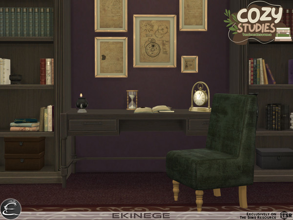 Sims 4 — Cozy Studies - Study Room - Part1 by ekinege — This set features 7 new items. - Desk - Desk Chair - Hourglass -