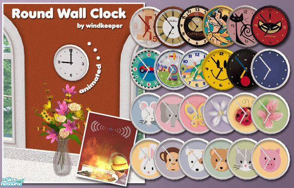 Sims 2 — Round Wall Clock by Windkeeper — Working wall clock mesh with many recolors. The clock tells game time. The set