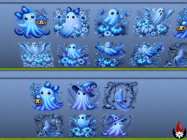 Sims 4 — Blue Ghost with Pumpkins Decals - Set by Dark Song — Put a little "Boo" in your room.