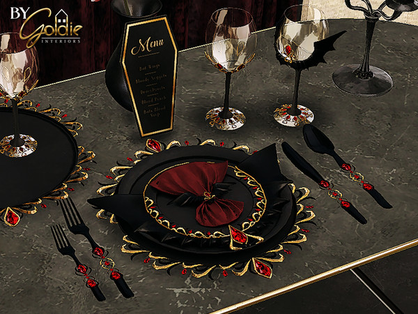 Sims 4 — Moonlit Bites - Dinnerware set by Goldie_s4 — This is a vampire-themed luxurious dinnerware set. You can use it