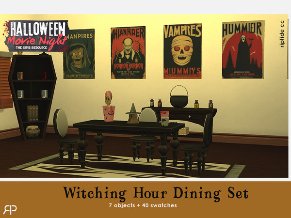 Sims 4 — Witching Hour Dining Set by Riptidecc — This collection captures the bewitching spirit of Halloween, bringing a