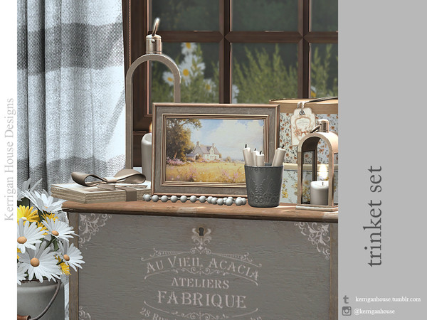 Sims 4 — Trinket Set by kerriganhouse — A set of vintage, shabby chic clutter items.