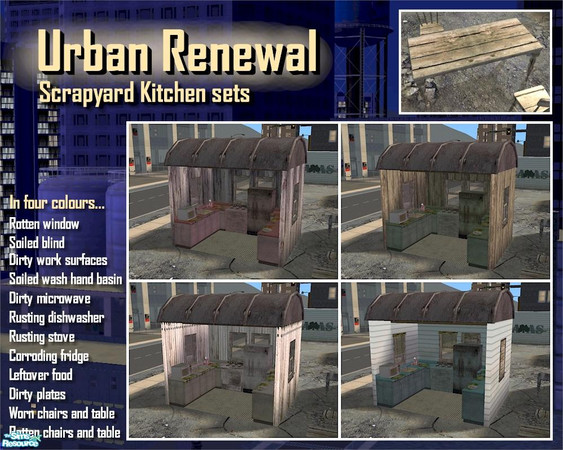 Sims 2 — Urban Renewal Scrapyard Kitchen by Cyclonesue — A set of dire kitchen objects. Most are simple recolours of