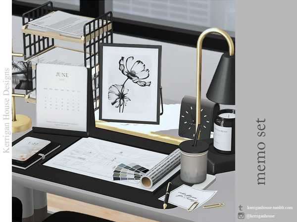 Sims 4 — Memo Set by kerriganhouse — A stylish luxury desk clutter and deco set.