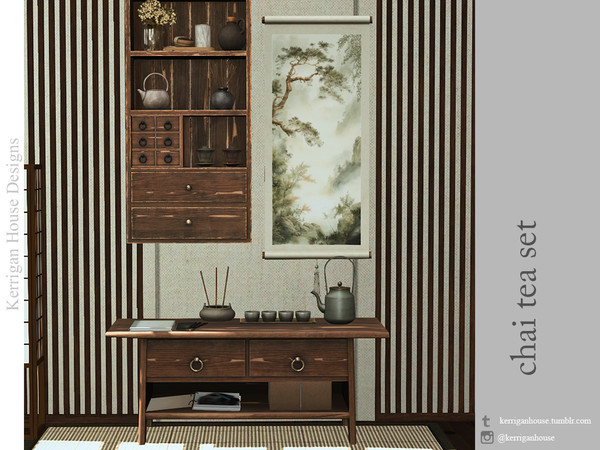 Sims 4 — Chai Tea Set by kerriganhouse — An earthy tea dining and clutter set, inspired by Japanese and Chinese decor.