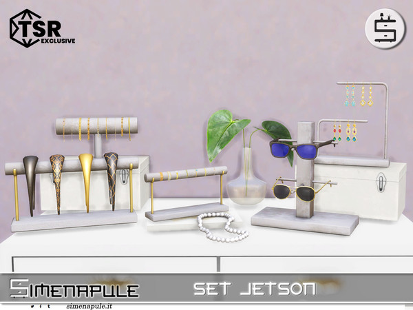 Sims 4 — Set Jetson by Simenapule — It features modern jewelry and eyewear stands with a sleek, minimalist design,