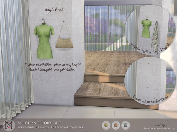Sims 4 — Elegant hooks by Merlisque — A set of elegant and modern wall-mounted hooks. This set can be used as a stylish