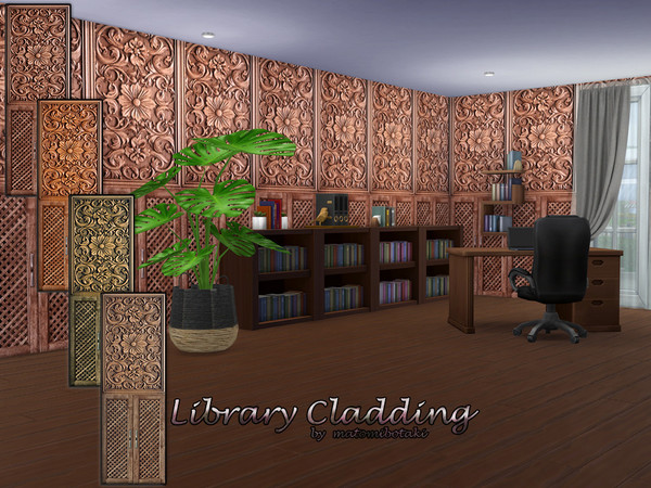 Sims 4 — Library Cladding by matomibotaki — Elegant, richly carved wooden wall paneling that gives every room a special