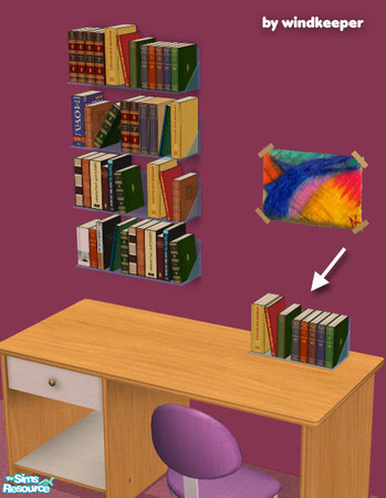 Sims 2 — Desk top bookshelf by Windkeeper — Linked to Wall bookshelf 1 for colors and requires that file to work. Note,