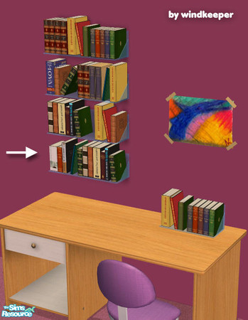 Sims 2 — Wall bookshelf 3 by Windkeeper — Linked to Wall bookshelf 1 for colors and requires that file to work. Note, the