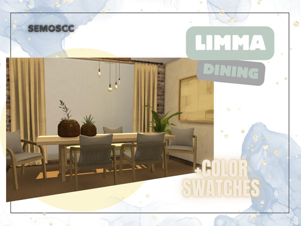 Sims 4 — Limma Dining Set by semoscc — Dining set of a long table, medium table, chair, rug and deco pot