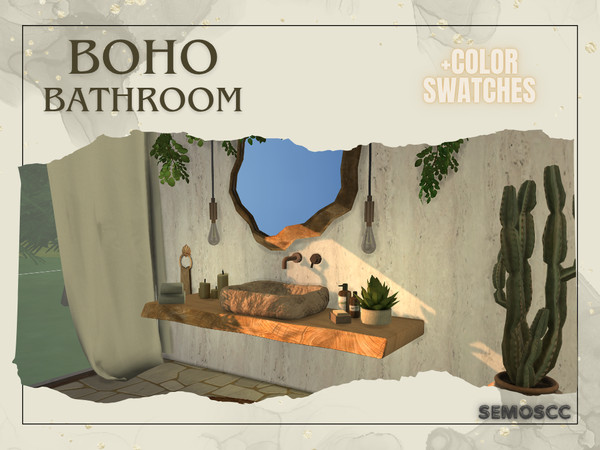 Sims 4 — BOHO Bathroom Set by semoscc — Bathroom set of, Wooden Countertop and Stone Sink