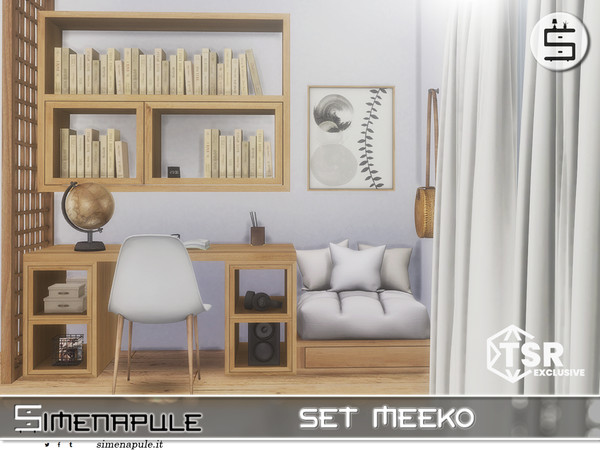 Sims 4 — Set Meeko by Simenapule — The Meeko Set is a modern, minimalist study and relaxation area featuring a
