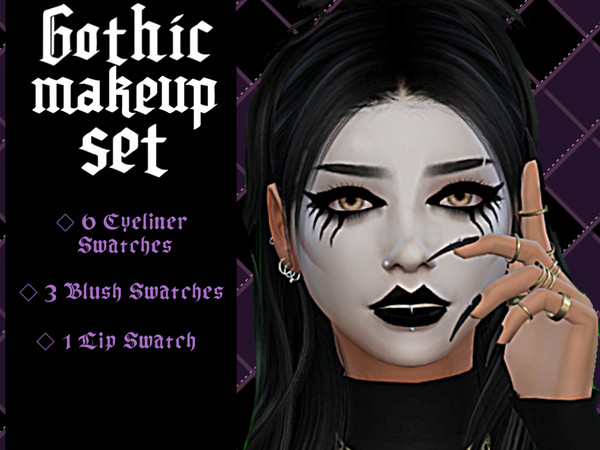 Sims 4 — Gothic Makeup Set by _alttrait_ — Gothic Makeup Set including an eyeliner with 6 separate swatches, 3 face