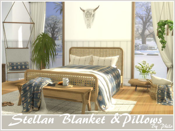 Sims 4 — Stellan Blanket & Pillows by philo — Boho Bed Blanket & 2 pillows designed to match Stellan Bed. 8