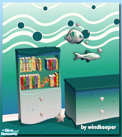 Sims 2 — Aquatic short bookcase by Windkeeper — New short bookcase mesh that matches Family Fun Stuff aquatic objects.