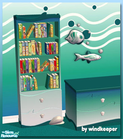 Sims 2 — Aquatic bookcase by Windkeeper — New bookcase mesh that matches Family Fun Stuff aquatic objects. Linked to FFS