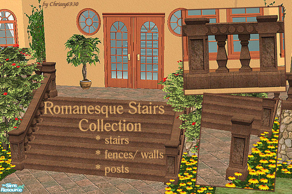 Sims 2 — Romanesque Stairs Collection  by chrissy6930 — Romanesque stairs, fences, posts and walls.