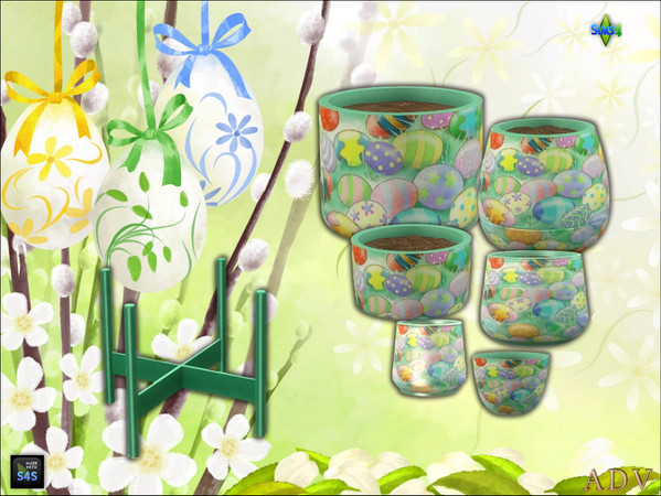 Sims 4 — ADV_Mabra_s4EasterSet08 by MABRA2 — A set of plantpots in 6 sizes and a plantpot stand