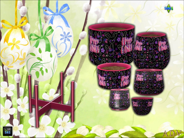 Sims 4 — ADV_Mabra_s4EasterSet10_plantpotv6 by MABRA2 — A set of plantpots in 6 sizes and a plantpot stand