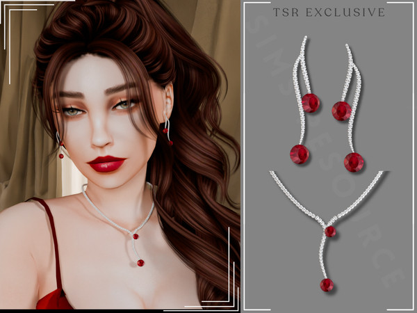 Sims 4 — Double Diamond Ruby Wave Set by Glitterberryfly — A set with ruby earrings and necklace with diamonds No Morphs