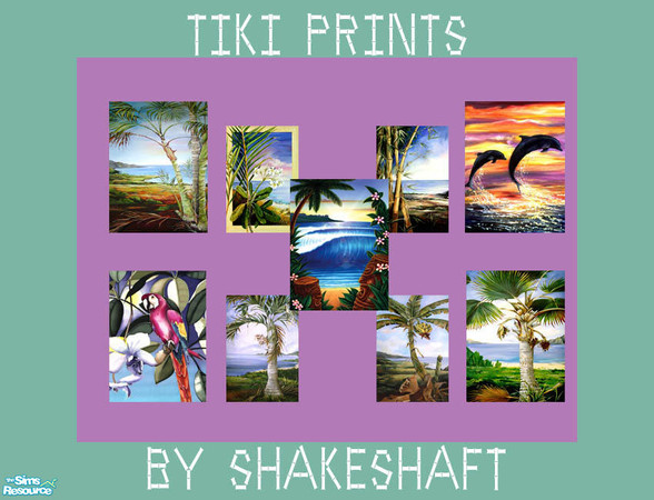 Sims 2 — Tiki Prints by Shakeshaft — A New Mesh Painting Set with a tropical theme, set includes 1 New Mesh and 8