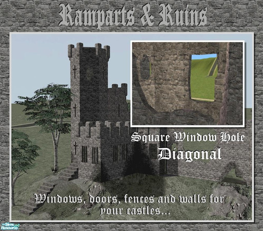 Sims 2 — Square-shaped window hole (diagonal) by Cyclonesue — Diagonal version. Ideal for castle ruins, old churches,