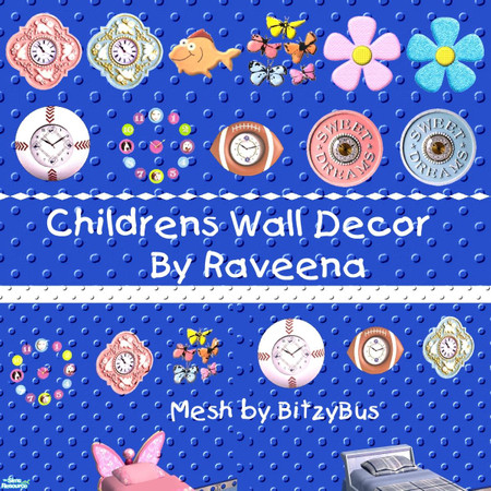 Sims 2 — Childrens Wall Decor by Raveena — Lots of adorable items to decorate your childs wall with. Cute clocks,