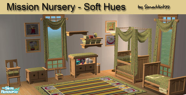 Sims 2 — Soft Hues Nursery by Simaddict99 — recolors for my Mission nursery meshes. Also recolor Maxis crib and change