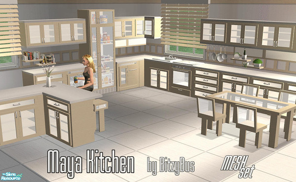 Sims 2 — Maya Kitchen by Bitzybus — Kitchen set in white/steel and light wood. Set includes 18 new meshes and 4 recolors.