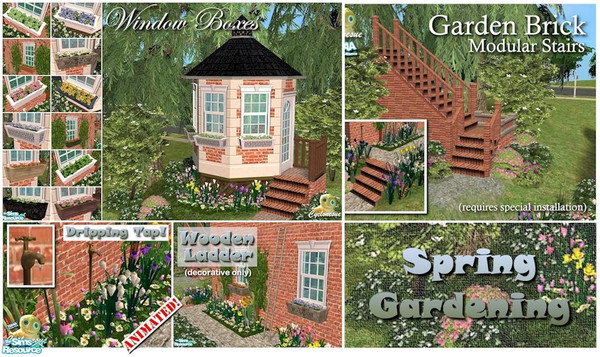 Sims 2 — Spring Gardening by Cyclonesue — A set of window boxes, garden ladder (decorative only) and an animated dripping