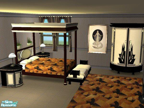 Sims 2 — Decolicious Bedroom Set by Zillah — Black lacquer and ivory bakelite set, circa 1929. Abstract rug and bedding