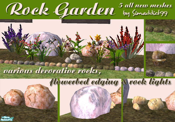 Sims 2 — Rock Garden by Simaddict99 — This set consists of a garden light disguised as a rock in 6 colors, 3 sizes of