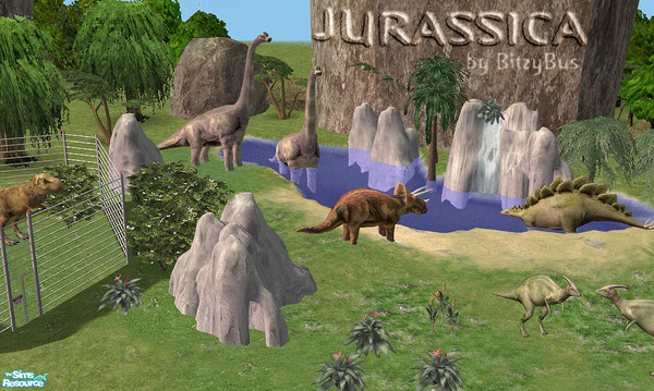 Sims 2 — Jurassica by Bitzybus — A set of dinousaurs, rocks and plants. And of course big fence ;-)