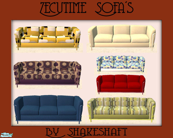 Sims 2 — Zecutime Sofa's by Shakeshaft — A set of 7 recolours of the Zecutime Cityside Sofa with 7 matching metal frames.