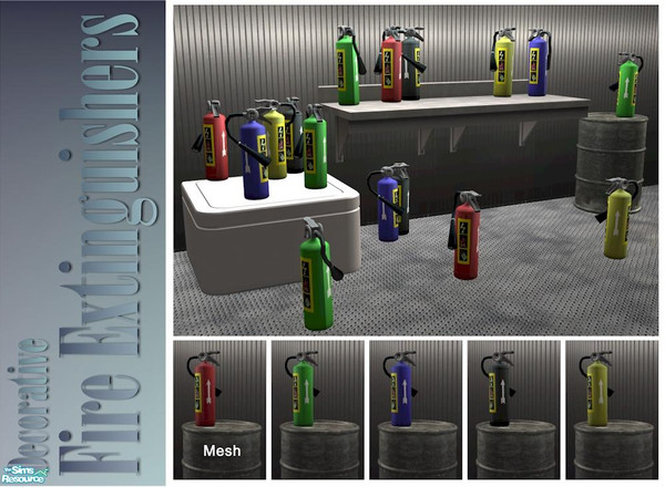 Sims 2 — Decorative Fire Extinguishers by Cyclonesue — Old-style fire extinguishers for every type of location. Can be
