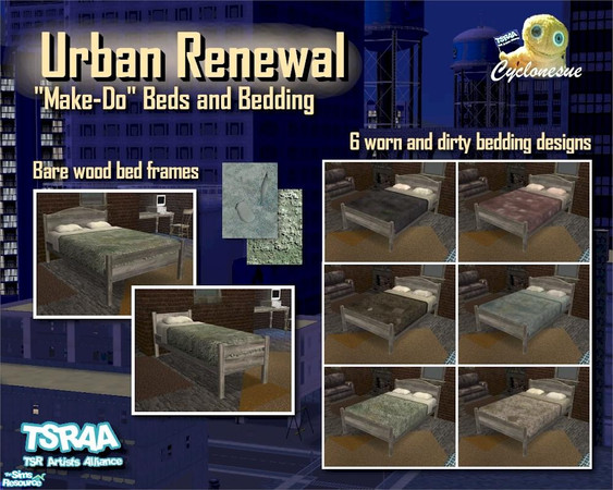 Sims 2 — Urban Renewal Make-do bedding by Cyclonesue — A worn wooden bed frame (single and double) and six ripped,