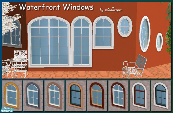 Sims 2 — Waterfront Windows by Windkeeper — Wideframe arched windows, double color frames. All work on diagonal walls.