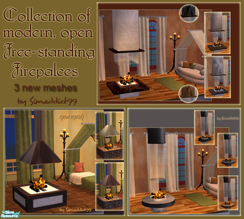 Sims 2 — Modern Free Standing Fireplaces by Simaddict99 — Collection of new, open sided, free standing, modern