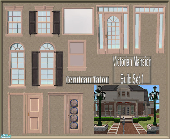 Sims 2 — Victorian Build Set 1 by Cerulean Talon — Windows and doors feature deep textures in a rich tan.